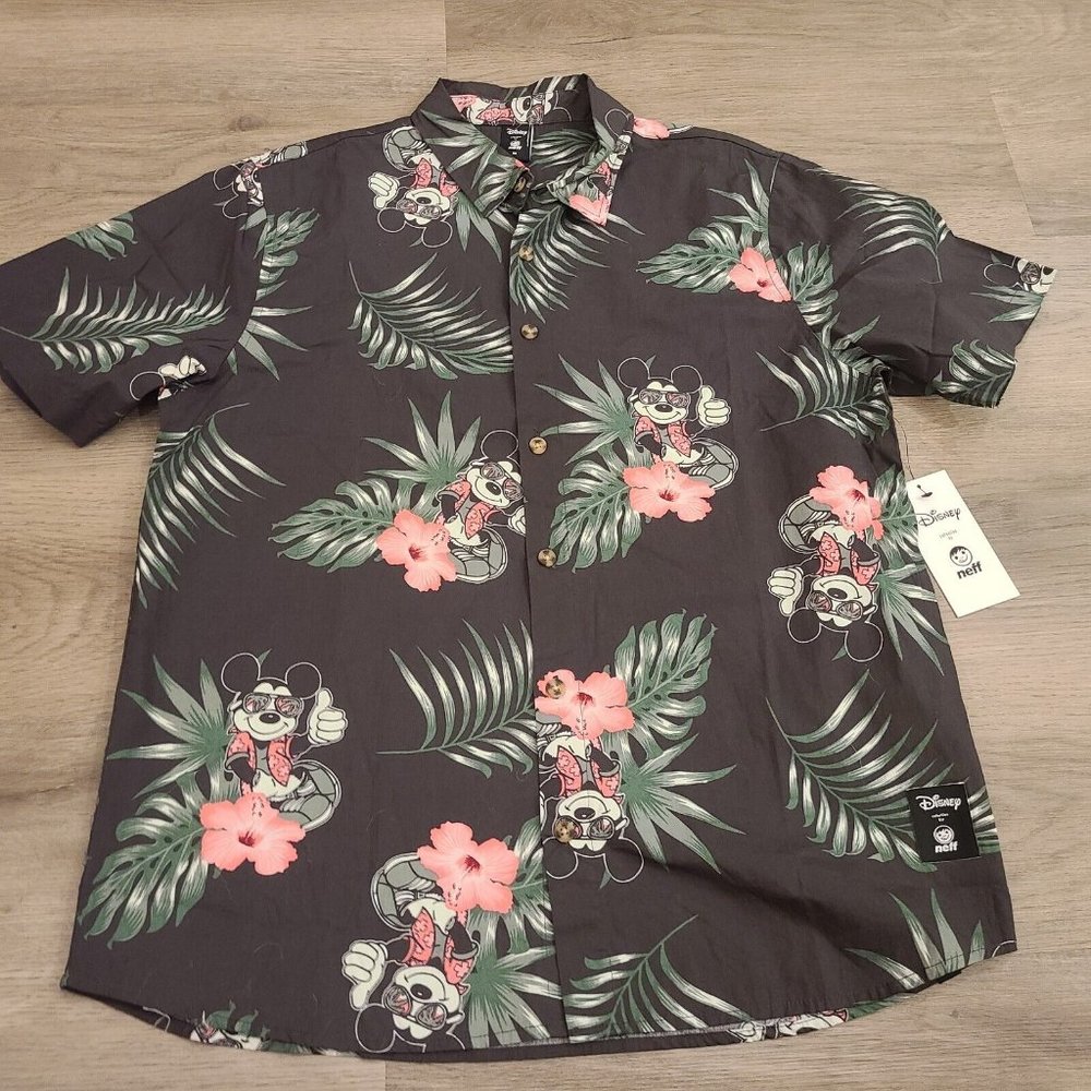 Disney X Neff Mickey Mouse Hawaiian Aloha Black Cotton Floral Shirt Men Medium M